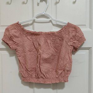 Off-the shoulder Pink Eyelet Cropped Shirt